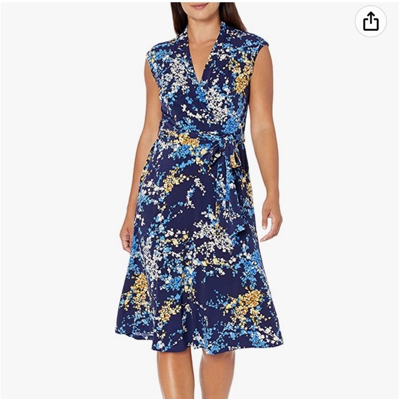 London Times Dresses & Skirts - London Times Blue Floral Wrap Self Tie Dress Size 14